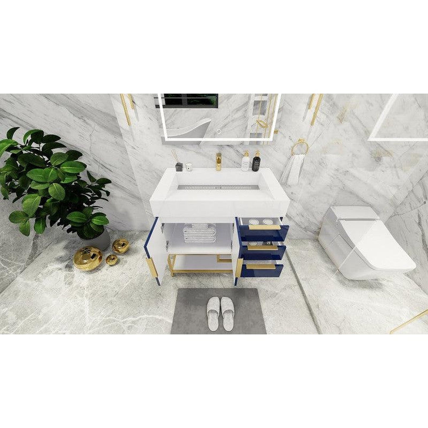 Moreno Bath Bethany 36" High Gloss Night Blue Freestanding Vanity With Right Side Drawers and Single Reinforced White Acrylic Sink