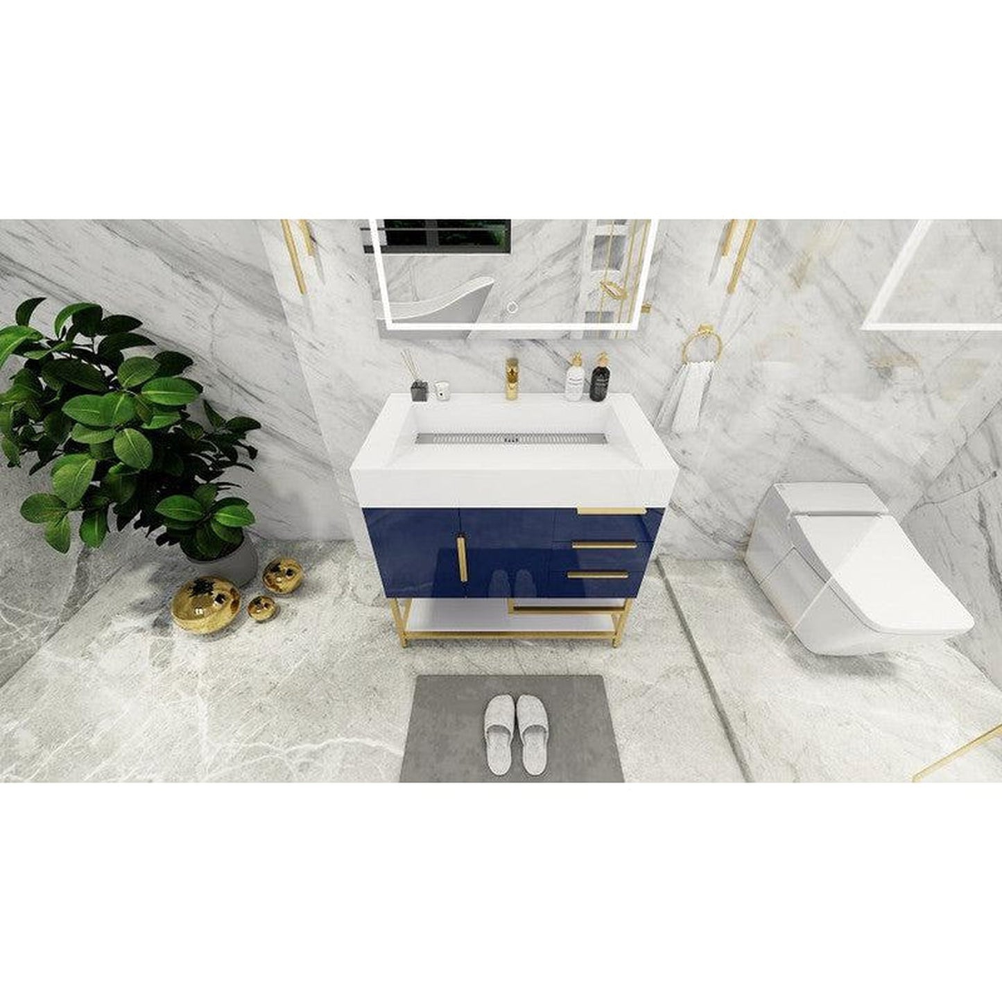 Moreno Bath Bethany 36" High Gloss Night Blue Freestanding Vanity With Right Side Drawers and Single Reinforced White Acrylic Sink