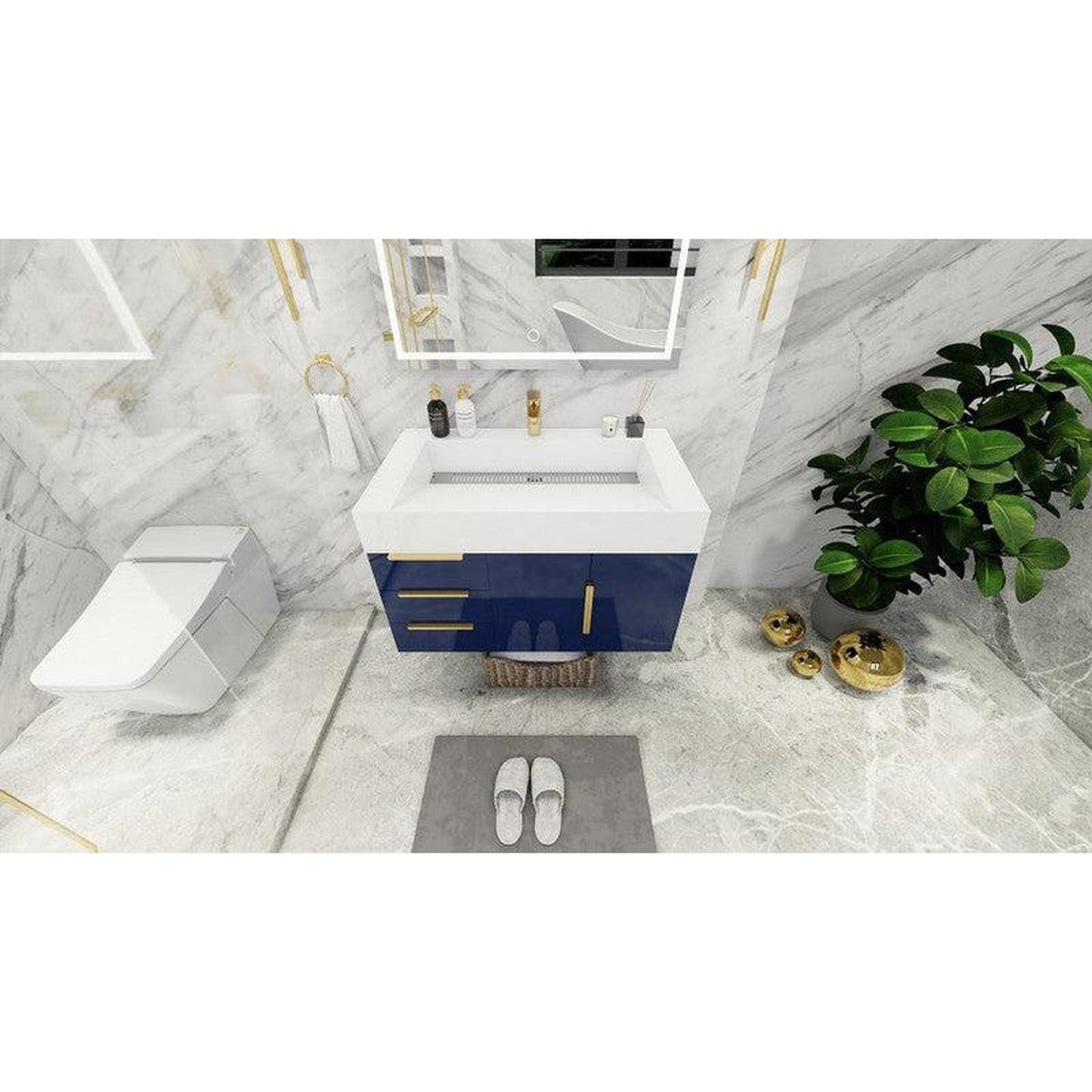 Moreno Bath Bethany 36" High Gloss Night Blue Wall-Mounted Vanity With Left Side Drawers and Single Reinforced White Acrylic Sink