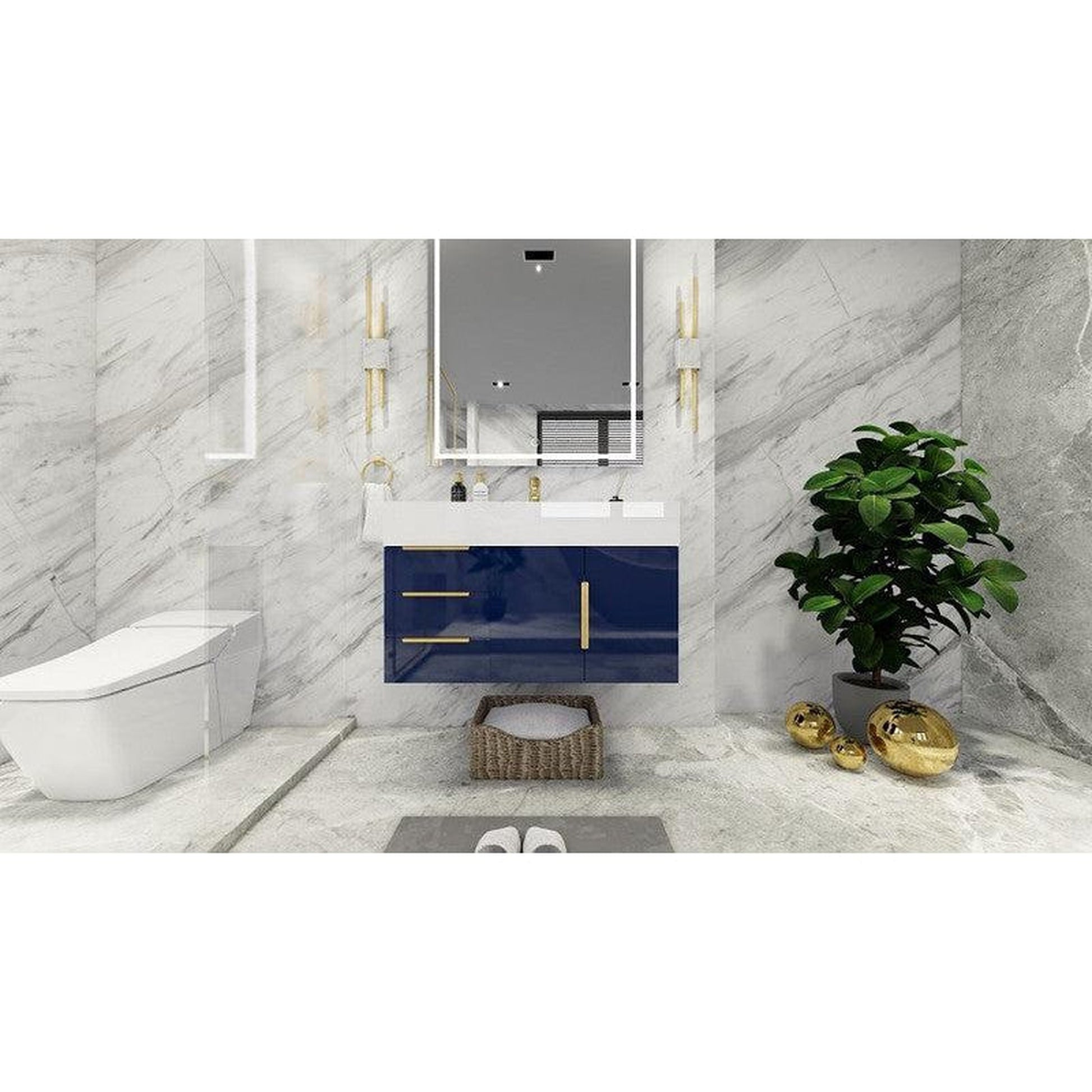 Moreno Bath Bethany 36" High Gloss Night Blue Wall-Mounted Vanity With Left Side Drawers and Single Reinforced White Acrylic Sink