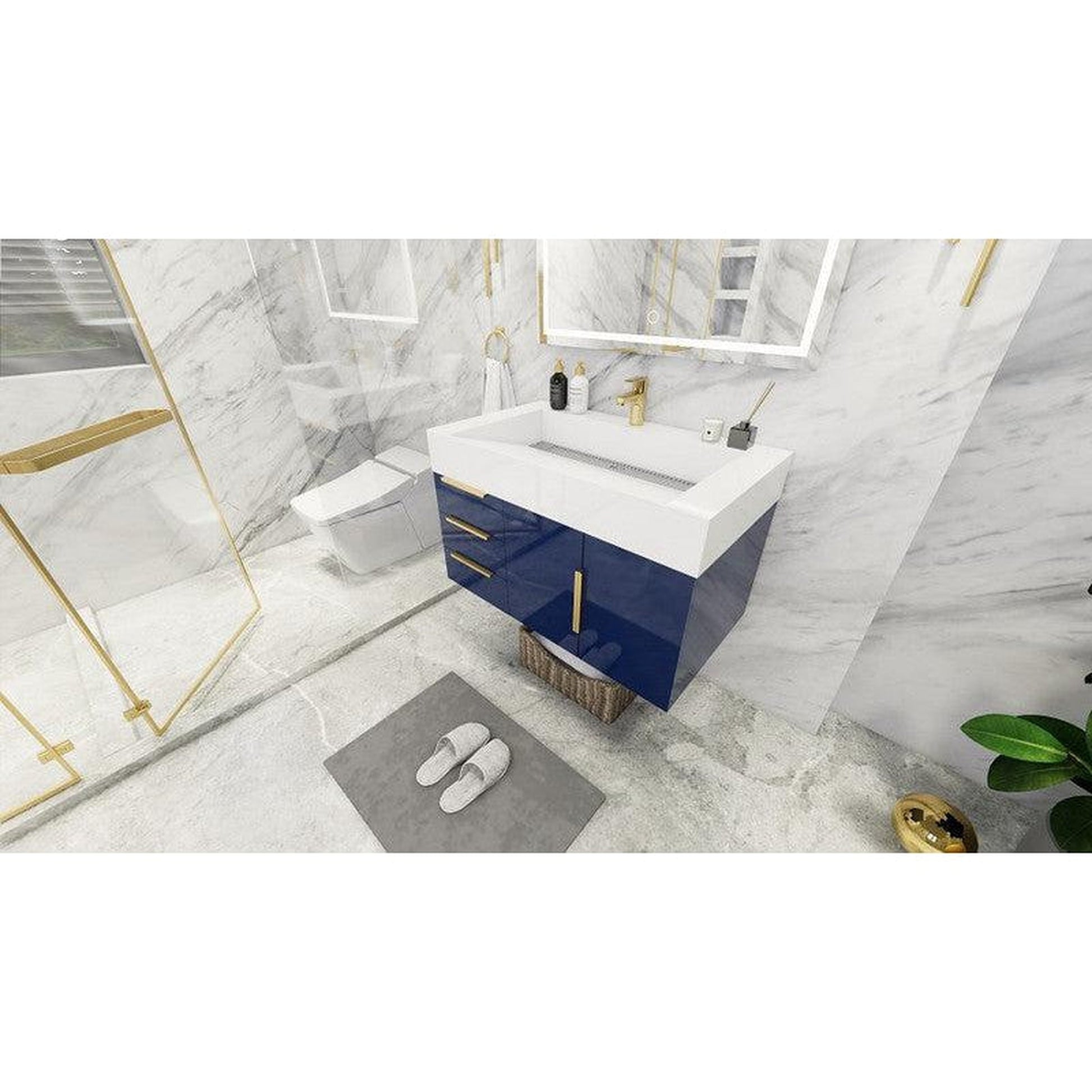 Moreno Bath Bethany 36" High Gloss Night Blue Wall-Mounted Vanity With Left Side Drawers and Single Reinforced White Acrylic Sink