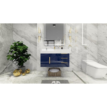Moreno Bath Bethany 36" High Gloss Night Blue Wall-Mounted Vanity With Right Side Drawers and Single Reinforced White Acrylic Sink