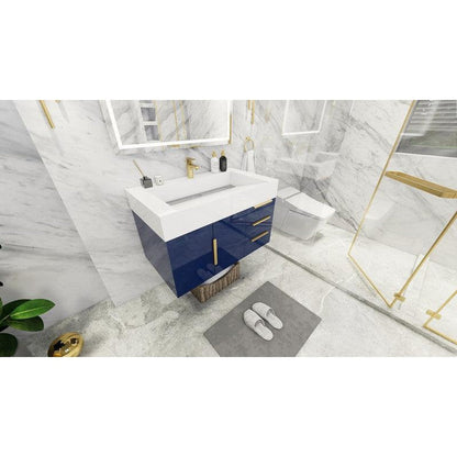 Moreno Bath Bethany 36" High Gloss Night Blue Wall-Mounted Vanity With Right Side Drawers and Single Reinforced White Acrylic Sink