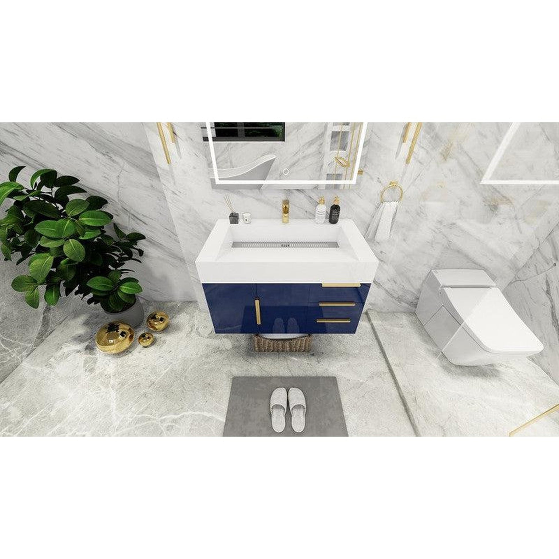 Moreno Bath Bethany 36" High Gloss Night Blue Wall-Mounted Vanity With Right Side Drawers and Single Reinforced White Acrylic Sink