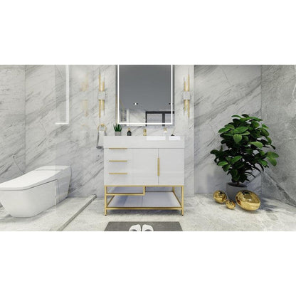 Moreno Bath Bethany 36" High Gloss White Freestanding Vanity With Left Side Drawers and Single Reinforced White Acrylic Sink