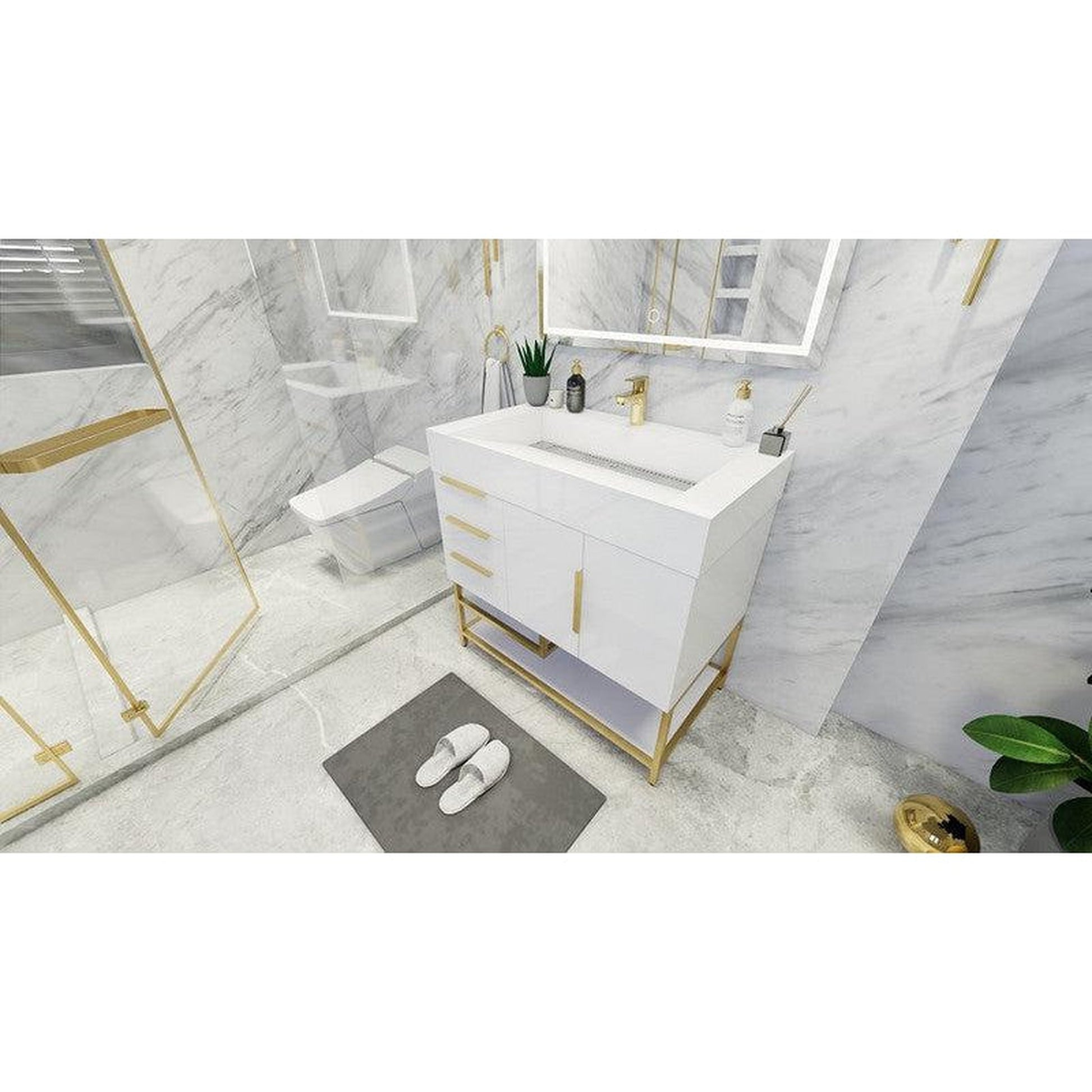 Moreno Bath Bethany 36" High Gloss White Freestanding Vanity With Left Side Drawers and Single Reinforced White Acrylic Sink