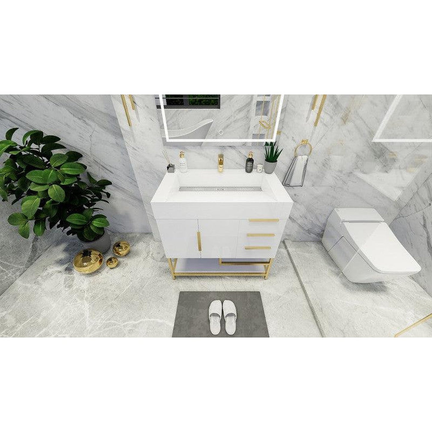 Moreno Bath Bethany 36" High Gloss White Freestanding Vanity With Right Side Drawers and Single Reinforced White Acrylic Sink