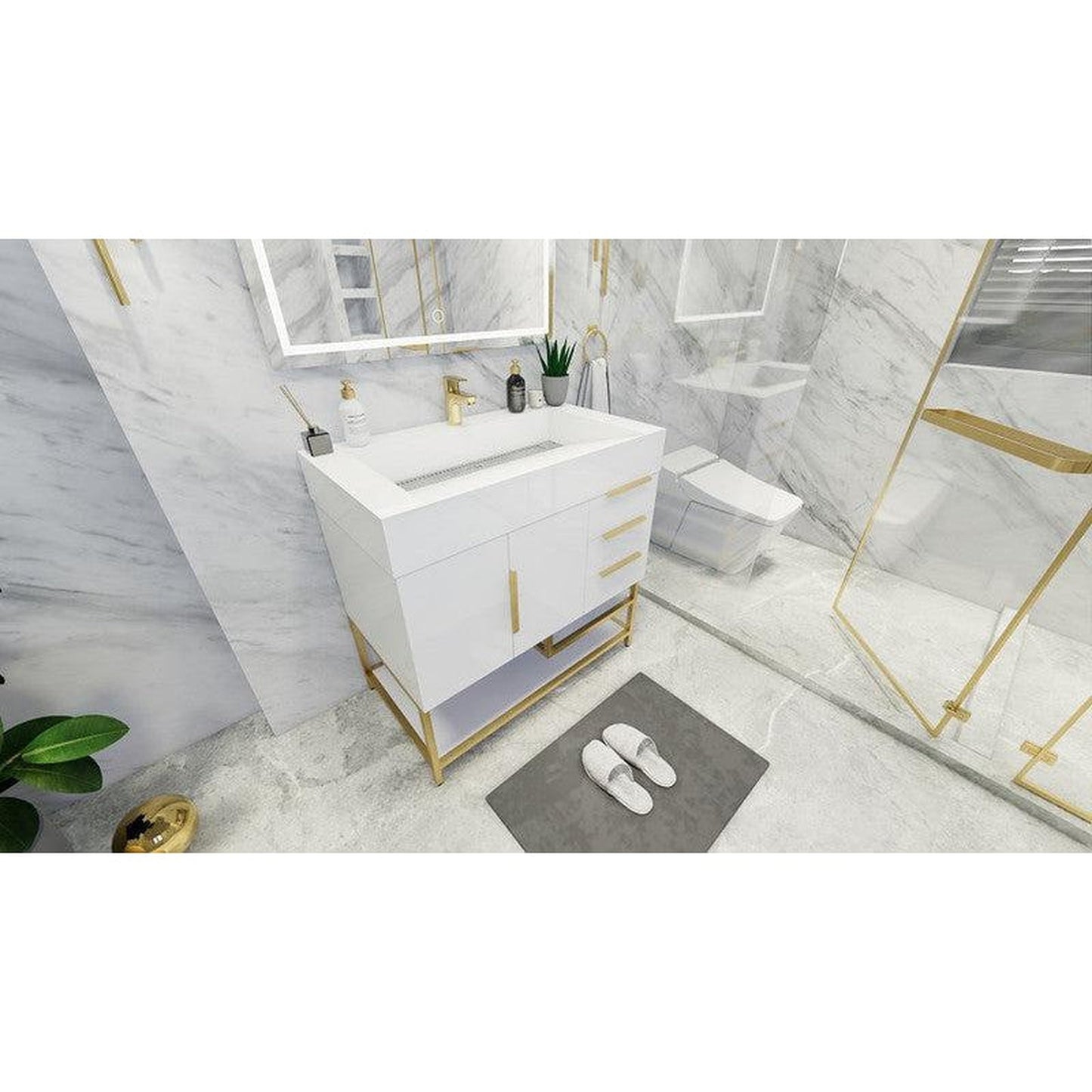 Moreno Bath Bethany 36" High Gloss White Freestanding Vanity With Right Side Drawers and Single Reinforced White Acrylic Sink