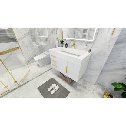 Moreno Bath Bethany 36" High Gloss White Wall-Mounted Vanity With Left Side Drawers and Single Reinforced White Acrylic Sink