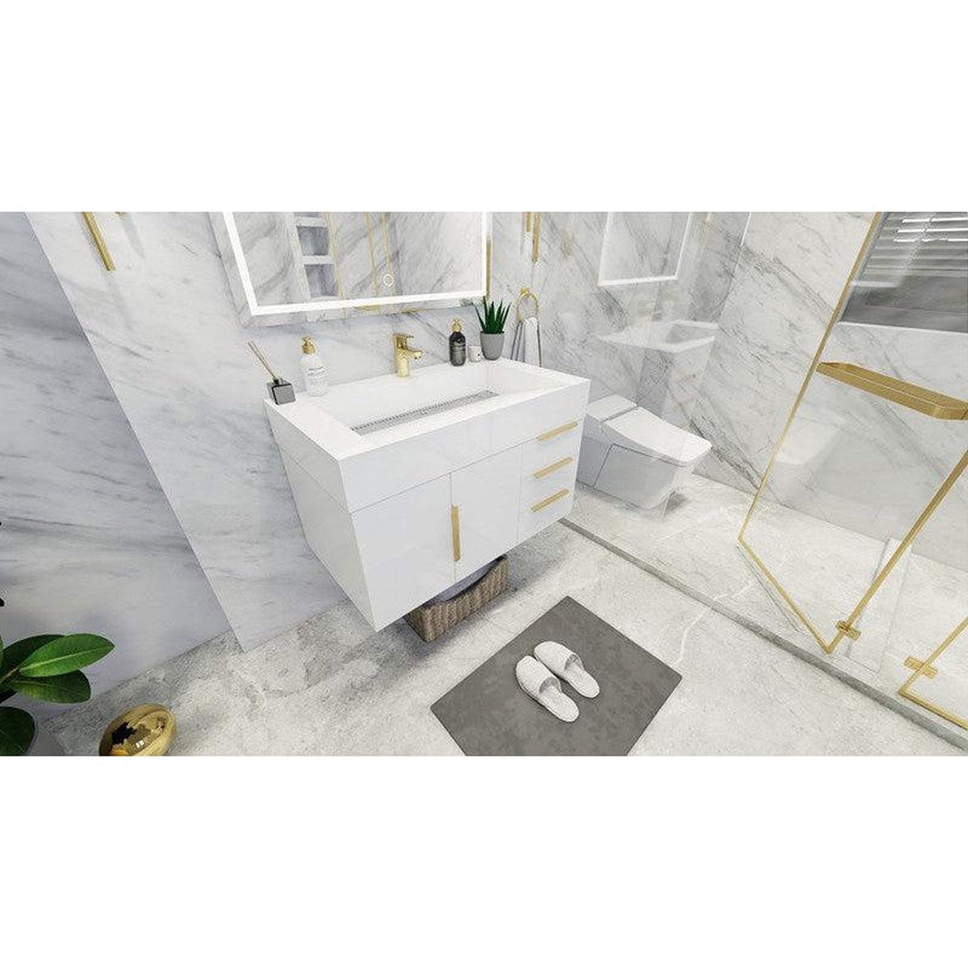 Moreno Bath Bethany 36" High Gloss White Wall-Mounted Vanity With Right Side Drawers and Single Reinforced White Acrylic Sink