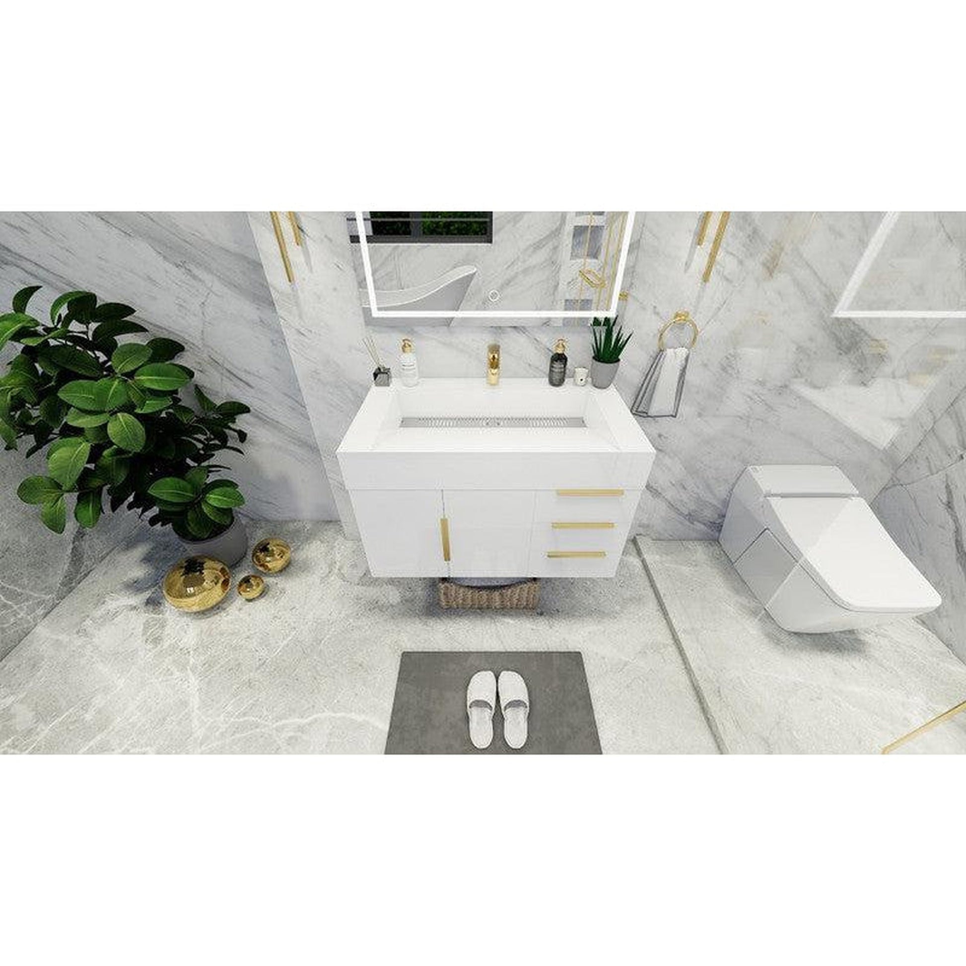 Moreno Bath Bethany 36" High Gloss White Wall-Mounted Vanity With Right Side Drawers and Single Reinforced White Acrylic Sink