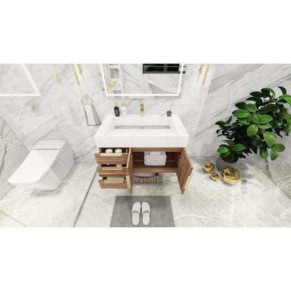 Moreno Bath Bethany 36" White Oak Wall-Mounted Vanity With Left Side Drawers and Single Reinforced White Acrylic Sink