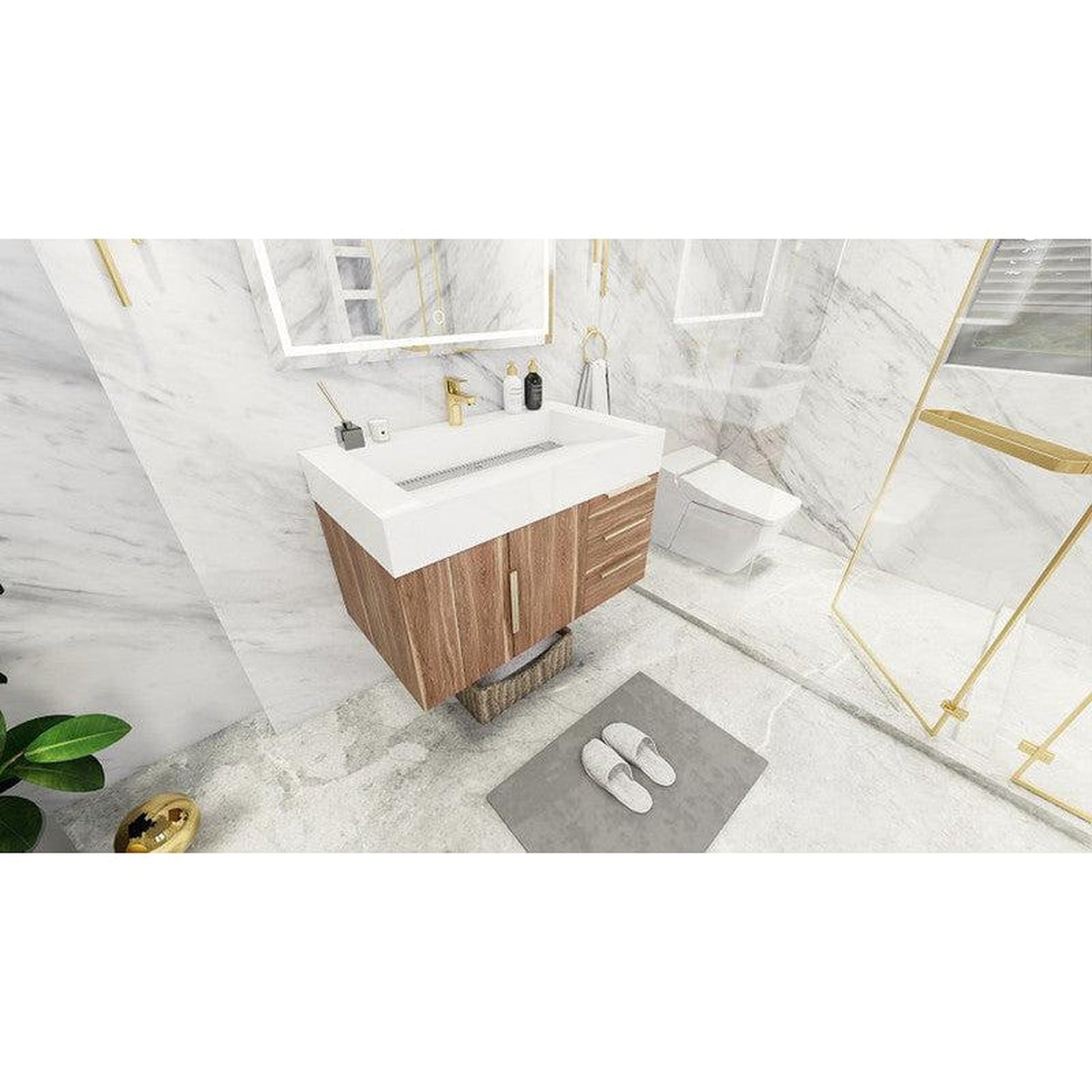 Moreno Bath Bethany 36" White Oak Wall-Mounted Vanity With Right Side Drawers and Single Reinforced White Acrylic Sink