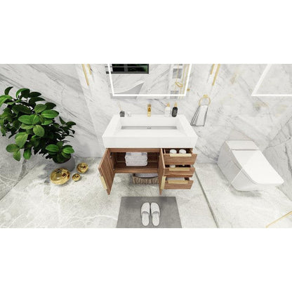 Moreno Bath Bethany 36" White Oak Wall-Mounted Vanity With Right Side Drawers and Single Reinforced White Acrylic Sink