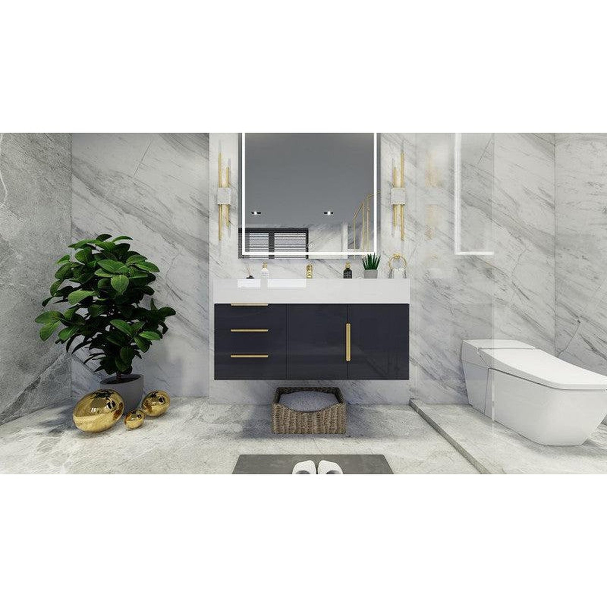 Moreno Bath Bethany 42" High Gloss Gray Wall-Mounted Vanity With Left Side Drawers and Single Reinforced White Acrylic Sink