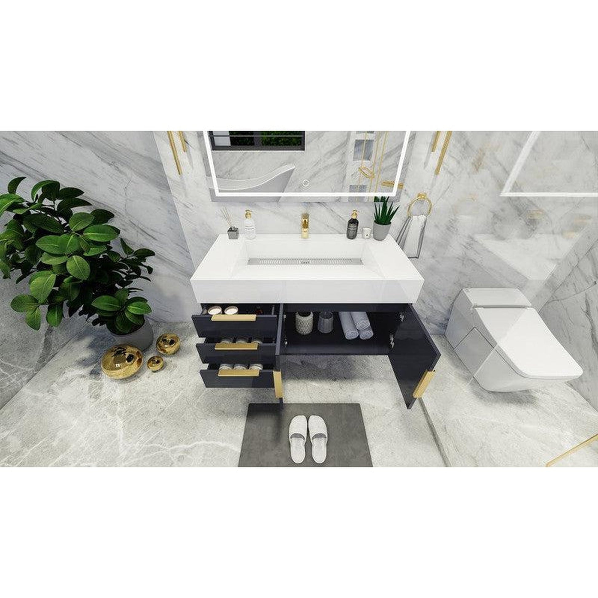 Moreno Bath Bethany 42" High Gloss Gray Wall-Mounted Vanity With Left Side Drawers and Single Reinforced White Acrylic Sink