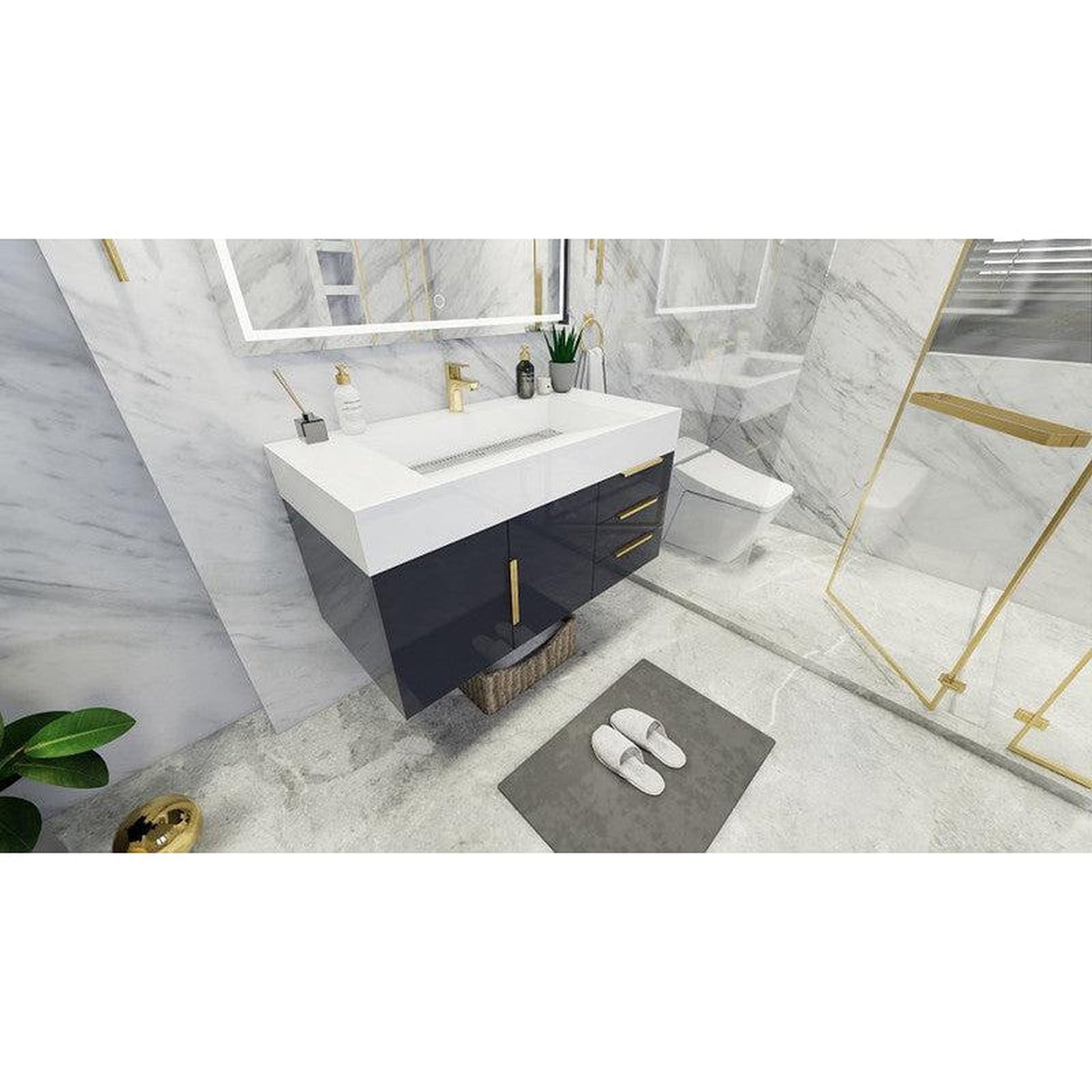 Moreno Bath Bethany 42" High Gloss Gray Wall-Mounted Vanity With Right Side Drawers and Single Reinforced White Acrylic Sink