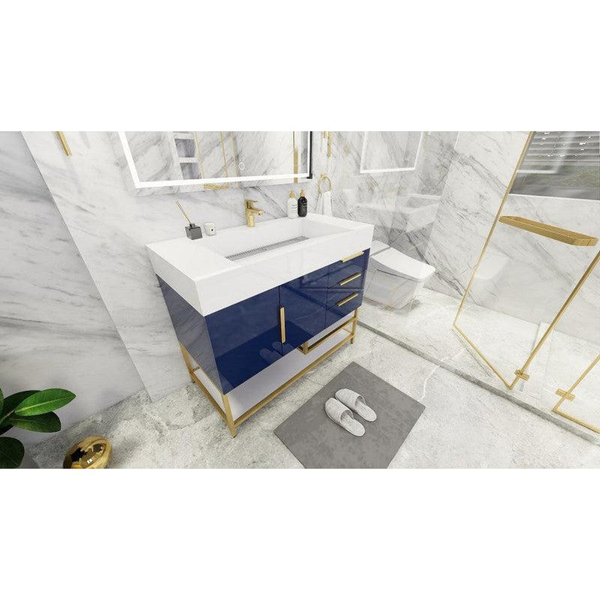 Moreno Bath Bethany 42" High Gloss Night Blue Freestanding Vanity With Right Side Drawers and Single Reinforced White Acrylic Sink