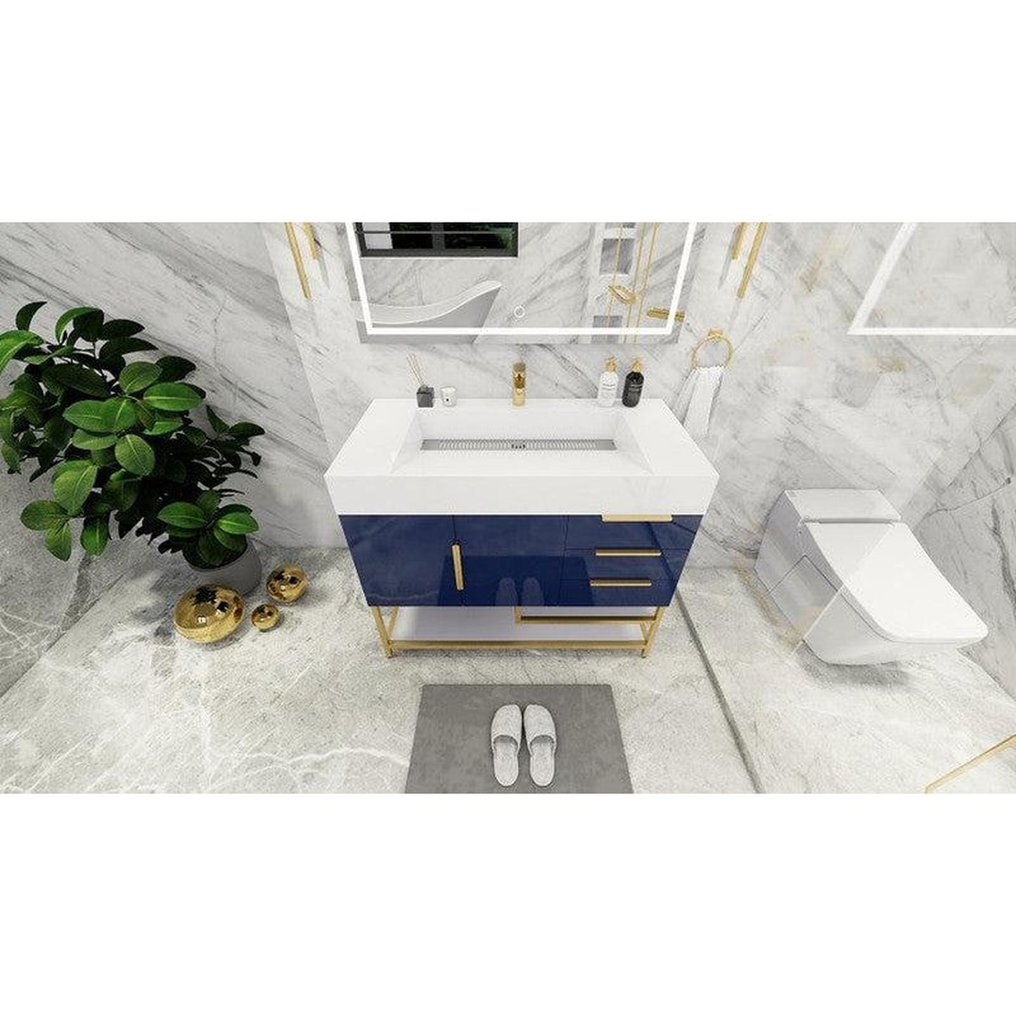 Moreno Bath Bethany 42" High Gloss Night Blue Freestanding Vanity With Right Side Drawers and Single Reinforced White Acrylic Sink