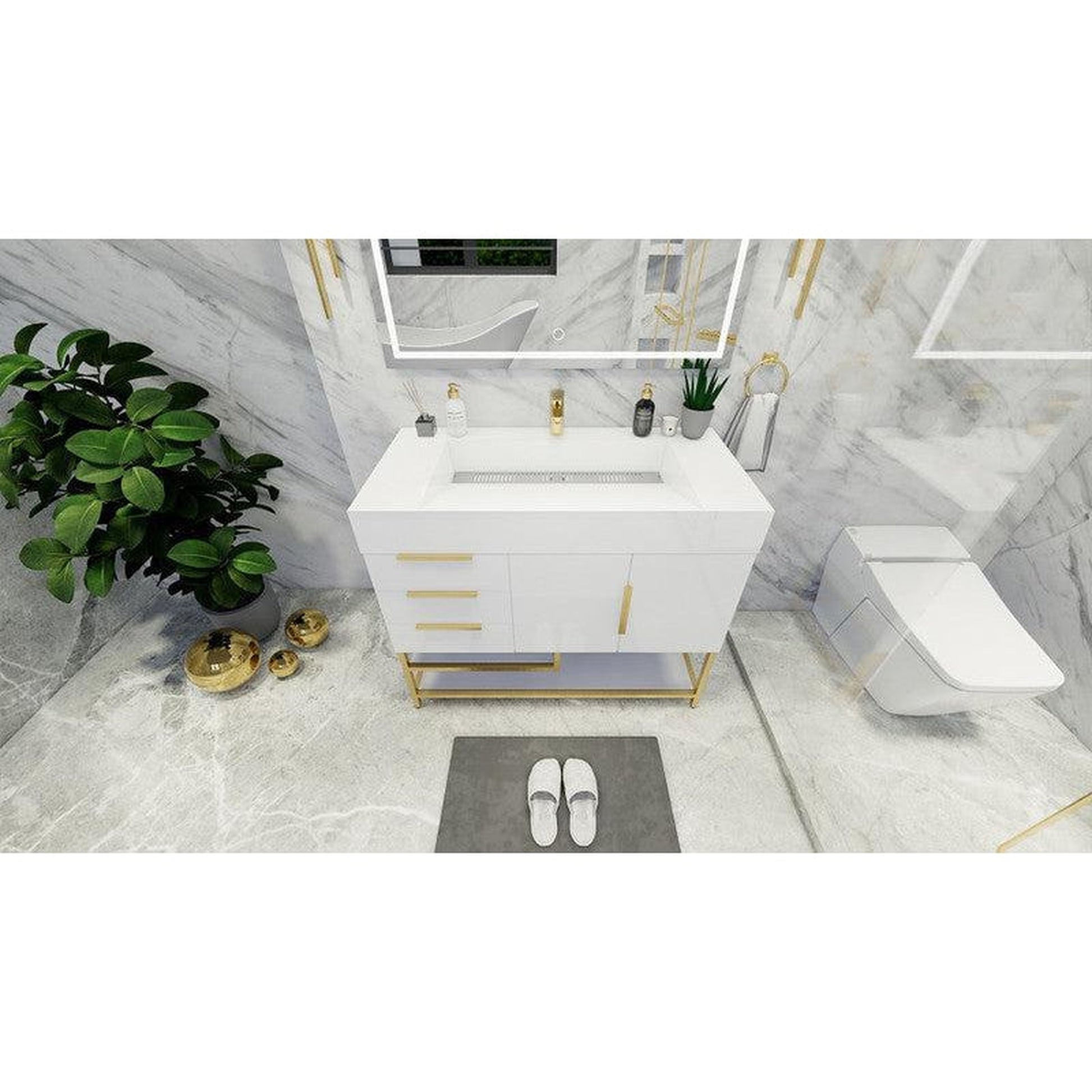 Moreno Bath Bethany 42" High Gloss White Freestanding Vanity With Left Side Drawers and Single Reinforced White Acrylic Sink