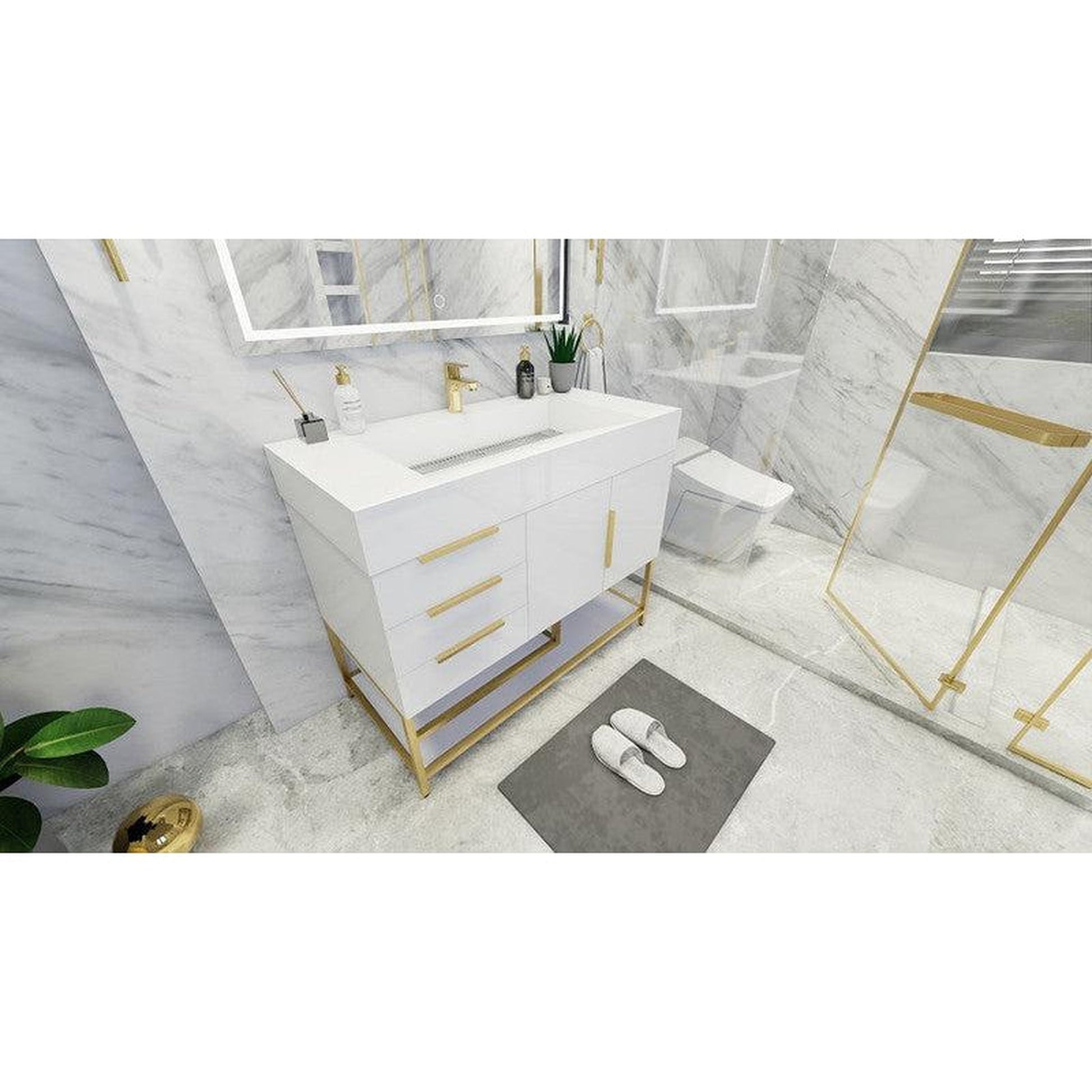 Moreno Bath Bethany 42" High Gloss White Freestanding Vanity With Left Side Drawers and Single Reinforced White Acrylic Sink