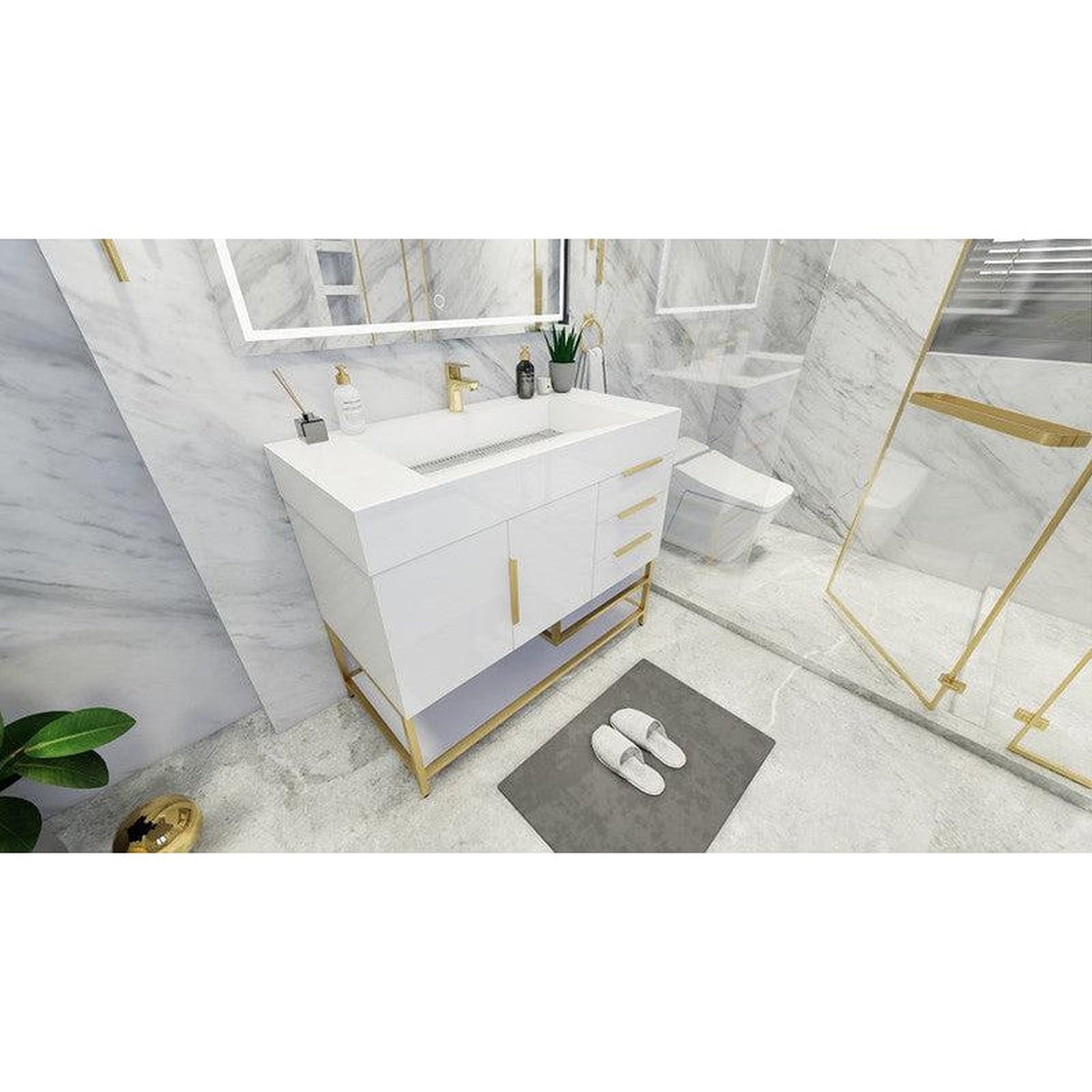 Moreno Bath Bethany 42" High Gloss White Freestanding Vanity With Right Side Drawers and Single Reinforced White Acrylic Sink