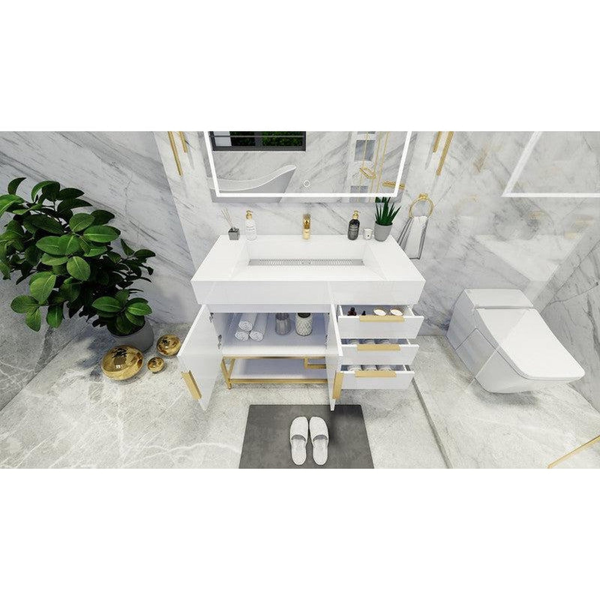 Moreno Bath Bethany 42" High Gloss White Freestanding Vanity With Right Side Drawers and Single Reinforced White Acrylic Sink
