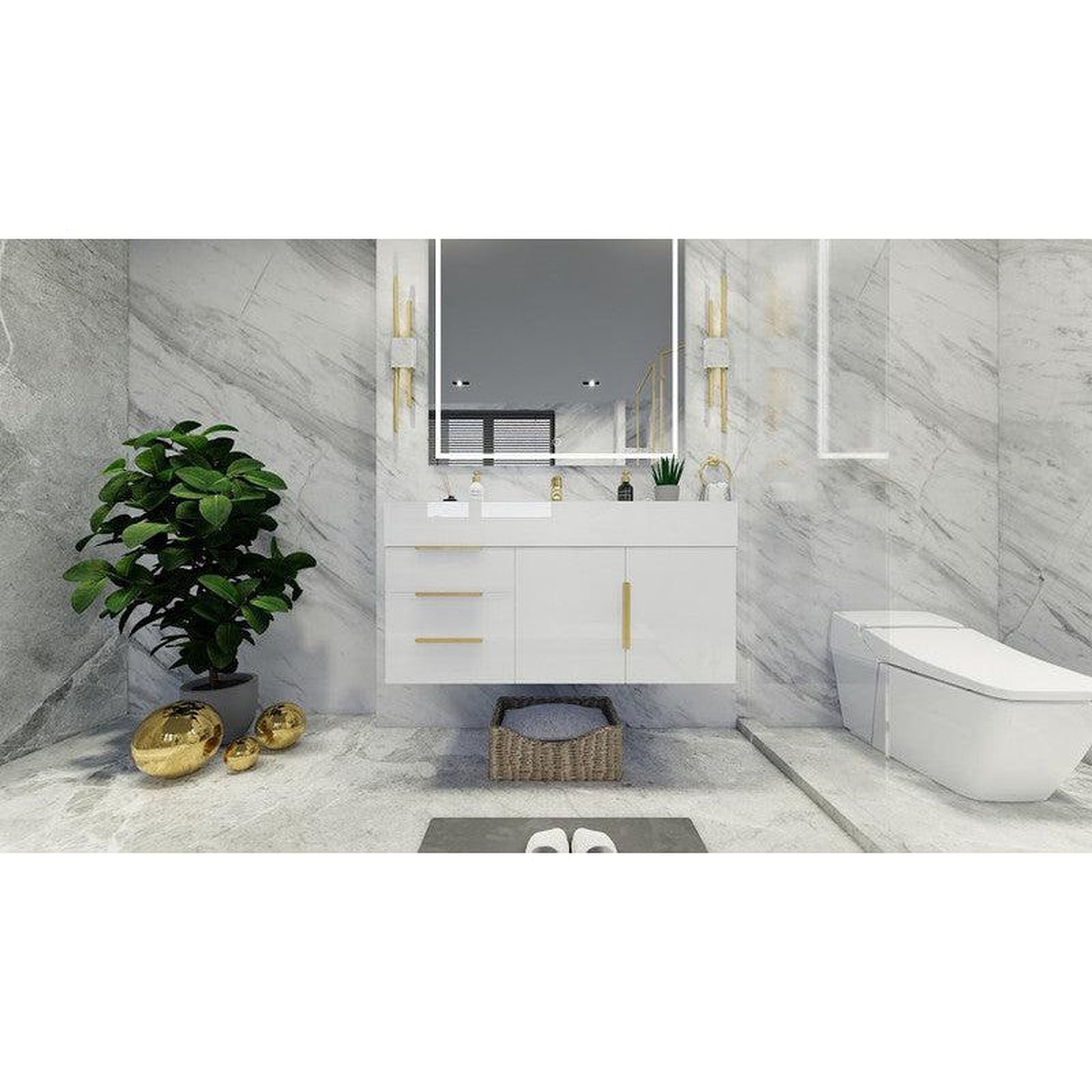 Moreno Bath Bethany 42" High Gloss White Wall-Mounted Vanity With Left Side Drawers and Single Reinforced White Acrylic Sink