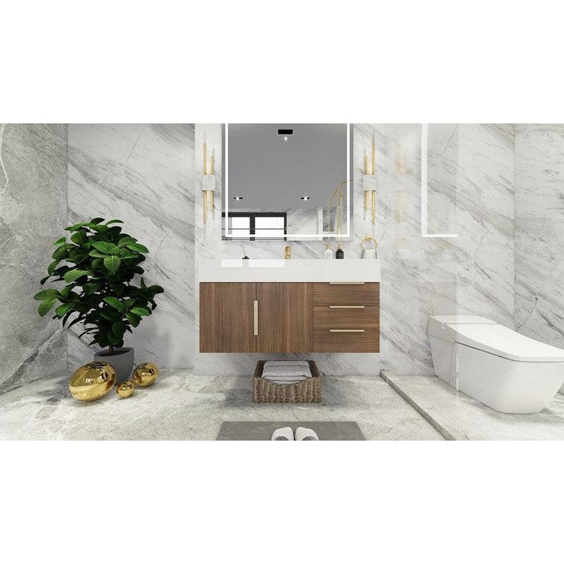 Moreno Bath Bethany 42" Rosewood Wall-Mounted Vanity With Right Side Drawers and Single Reinforced White Acrylic Sink