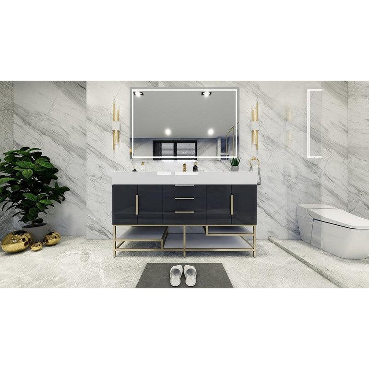 Moreno Bath Bethany 60" High Gloss Gray Freestanding Vanity With Single Reinforced White Acrylic Sink