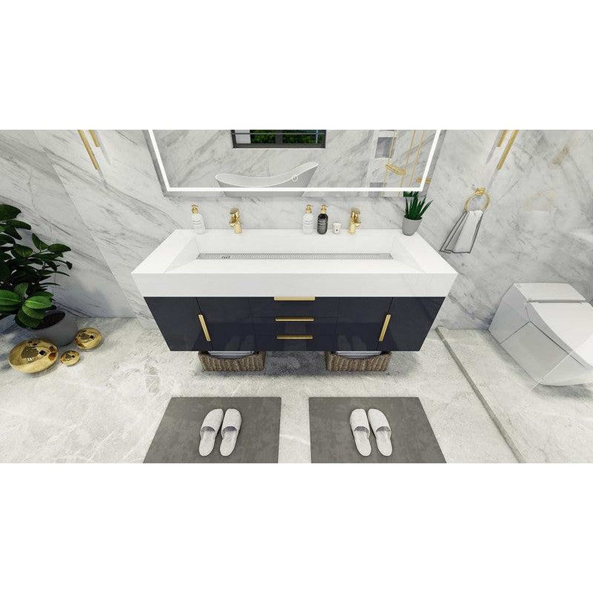 Moreno Bath Bethany 60" High Gloss Gray Wall-Mounted Vanity With Double Reinforced White Acrylic Sinks