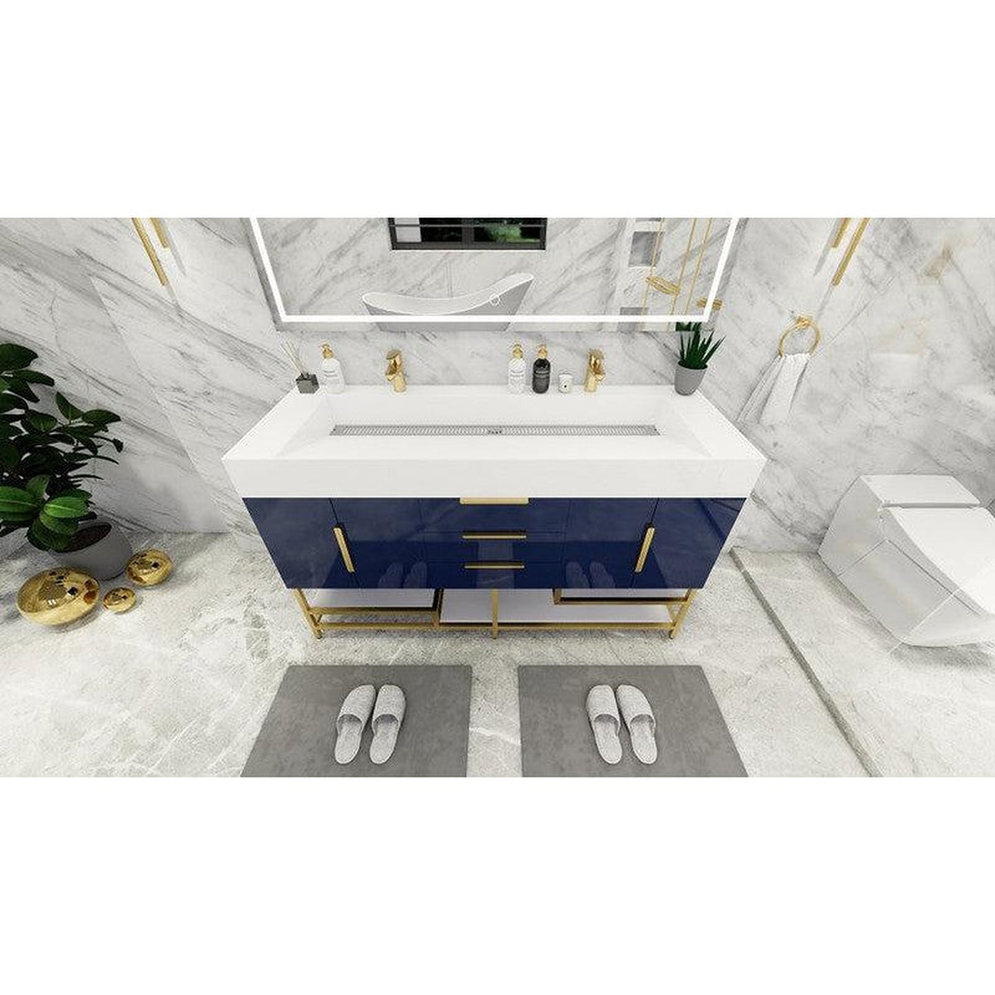 Moreno Bath Bethany 60" High Gloss Night Blue Freestanding Vanity With Double Reinforced White Acrylic Sinks