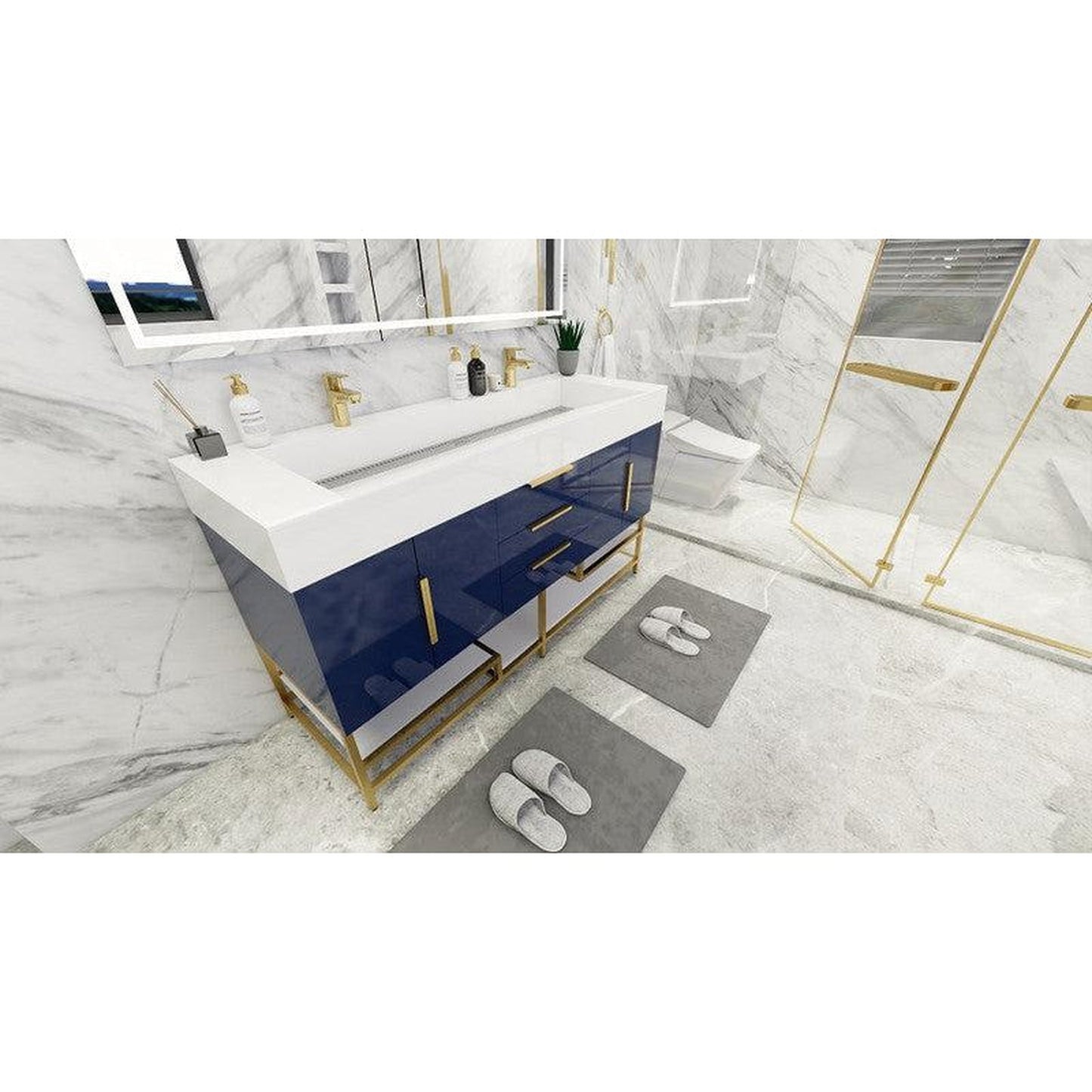 Moreno Bath Bethany 60" High Gloss Night Blue Freestanding Vanity With Double Reinforced White Acrylic Sinks