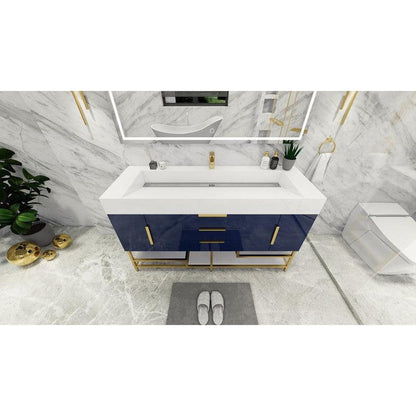 Moreno Bath Bethany 60" High Gloss Night Blue Freestanding Vanity With Single Reinforced White Acrylic Sink