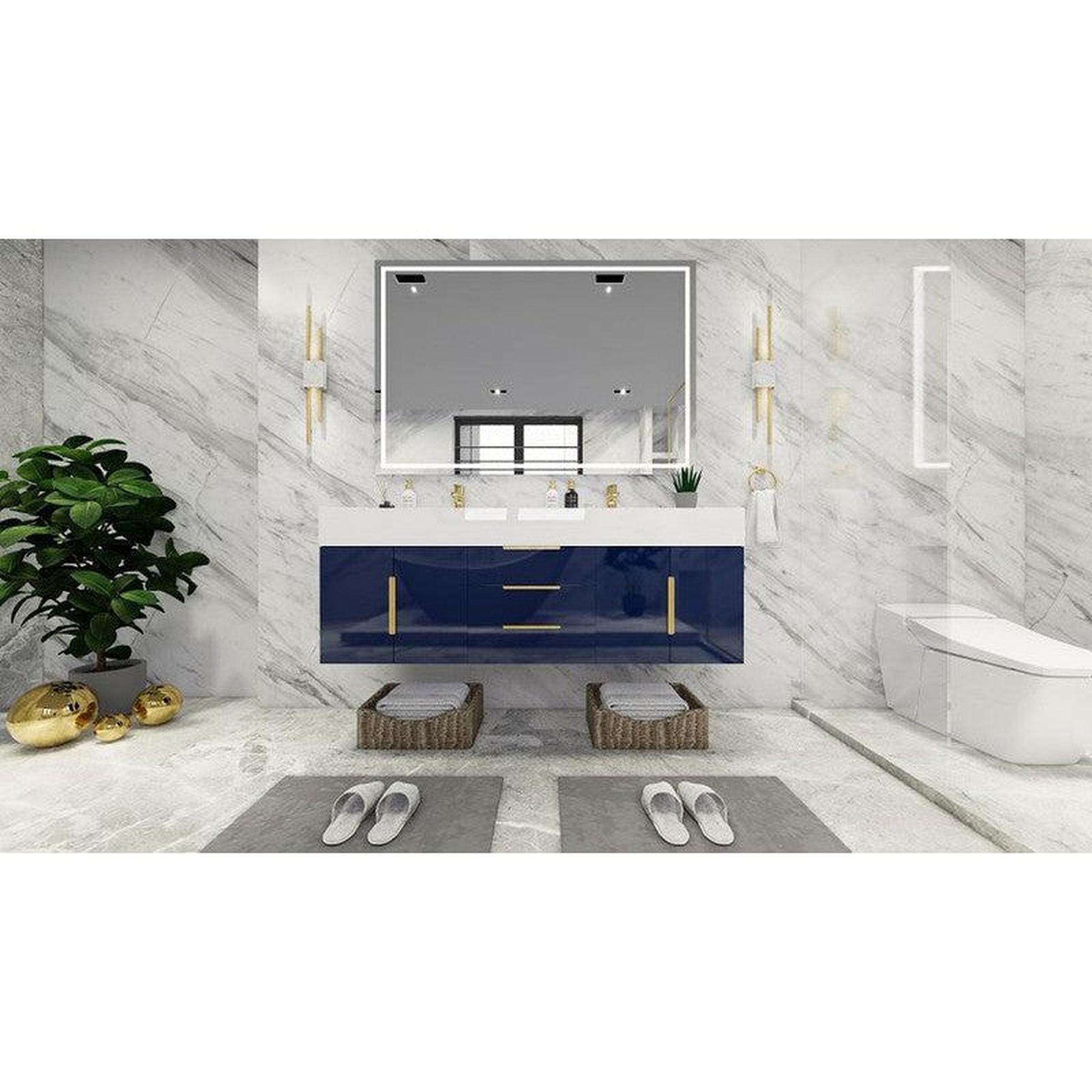 Moreno Bath Bethany 60" High Gloss Night Blue Wall-Mounted Vanity With Double Reinforced White Acrylic Sinks