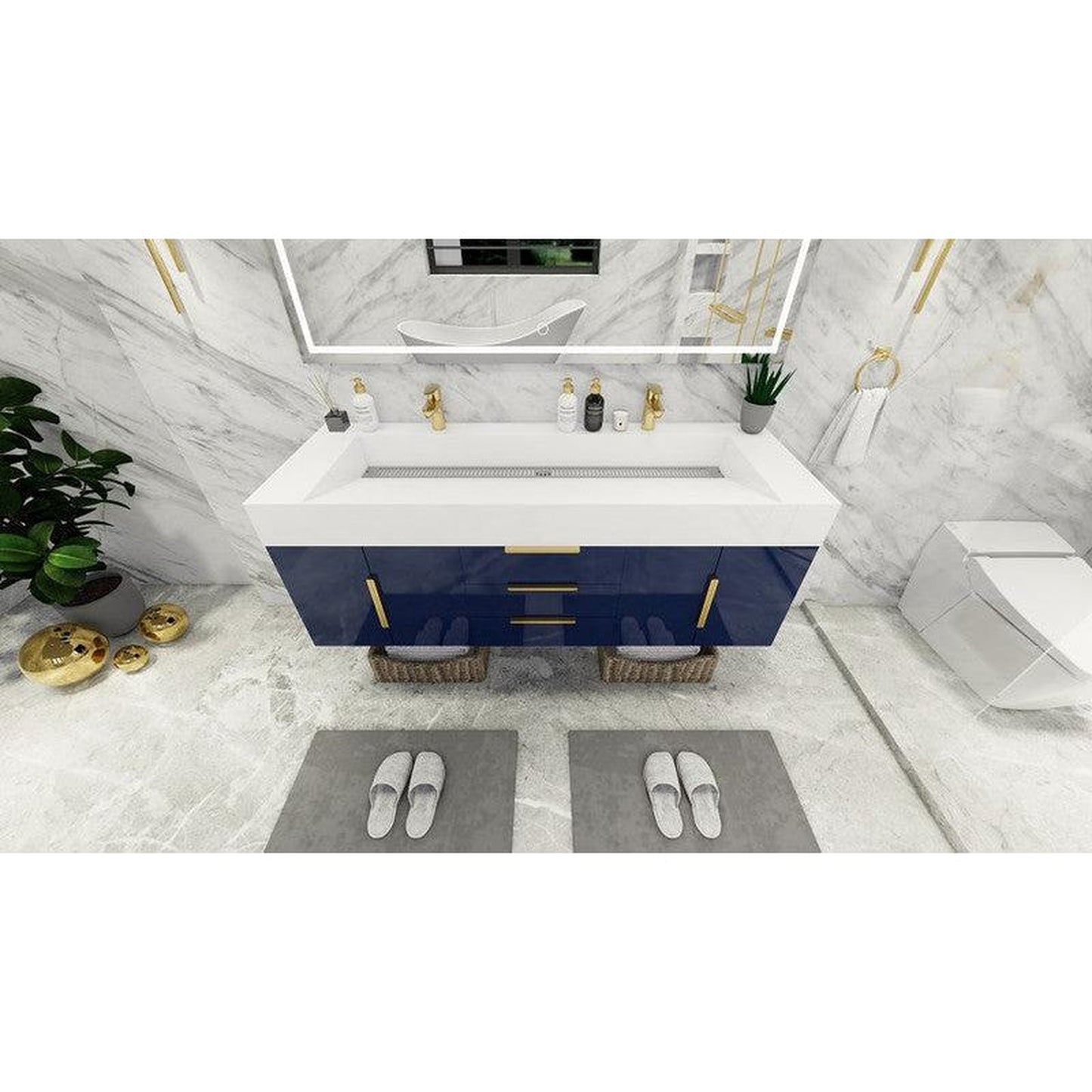 Moreno Bath Bethany 60" High Gloss Night Blue Wall-Mounted Vanity With Double Reinforced White Acrylic Sinks