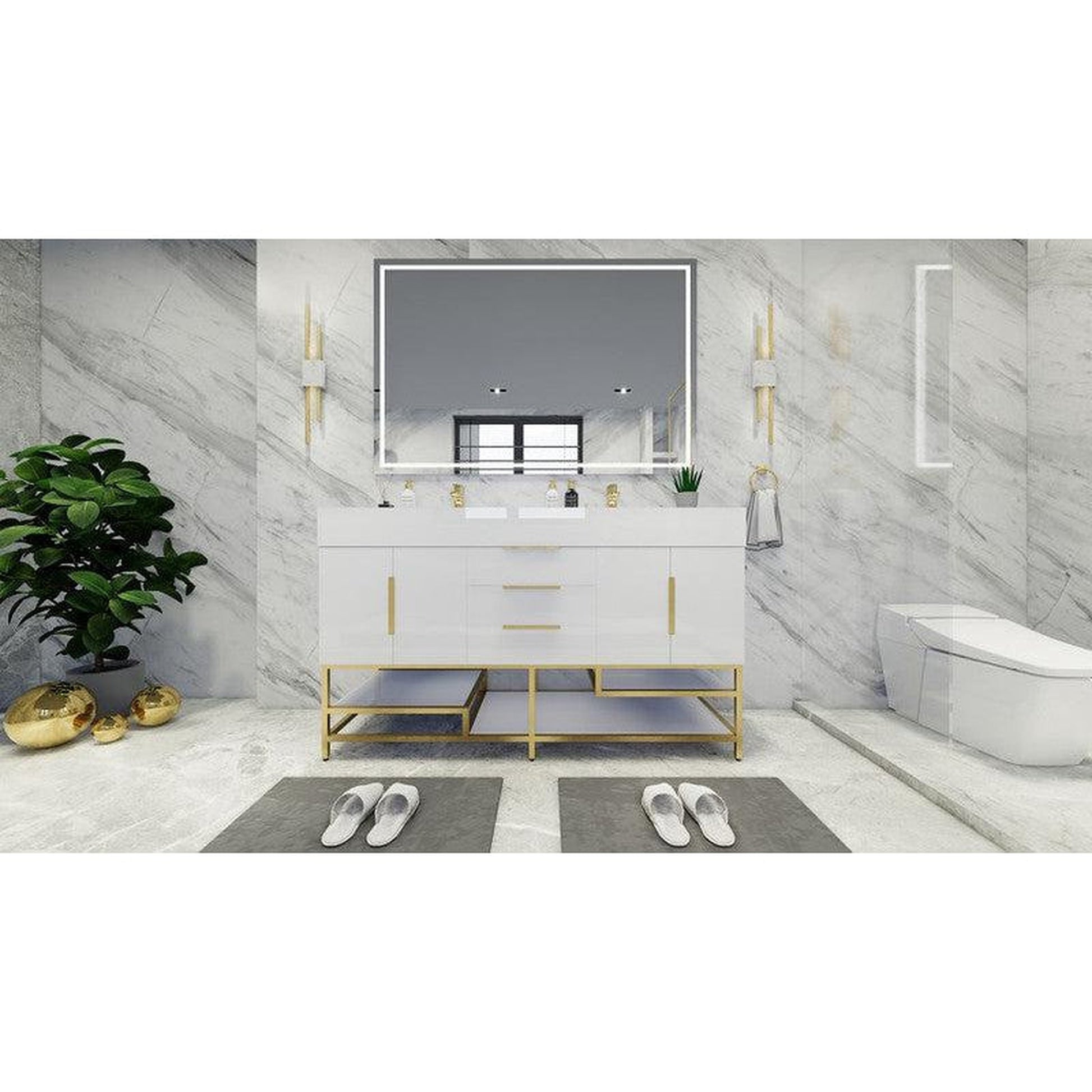 Moreno Bath Bethany 60" High Gloss White Freestanding Vanity With Double Reinforced White Acrylic Sinks