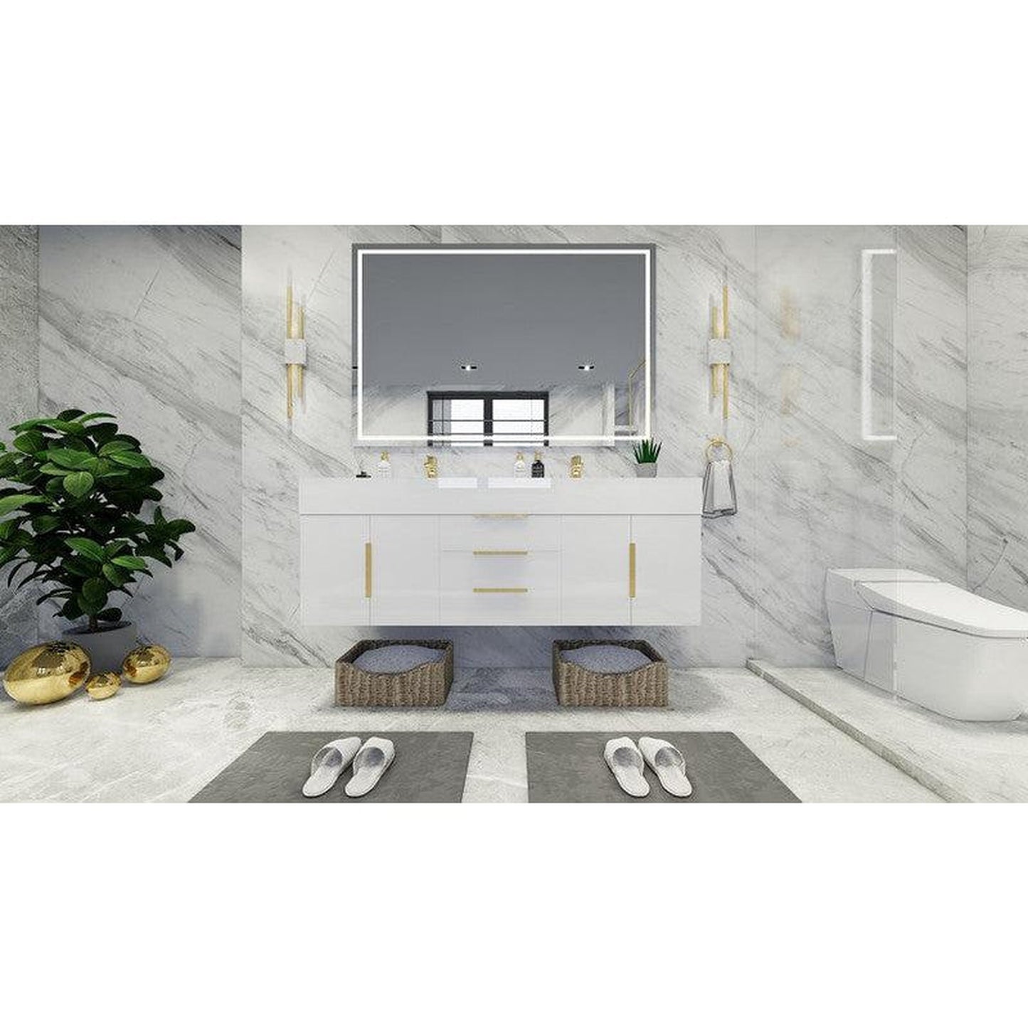 Moreno Bath Bethany 60" High Gloss White Wall-Mounted Vanity With Double Reinforced White Acrylic Sinks