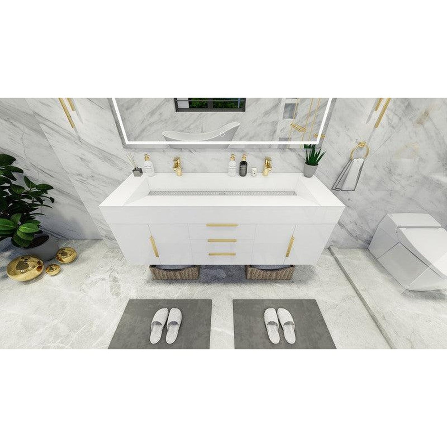 Moreno Bath Bethany 60" High Gloss White Wall-Mounted Vanity With Double Reinforced White Acrylic Sinks