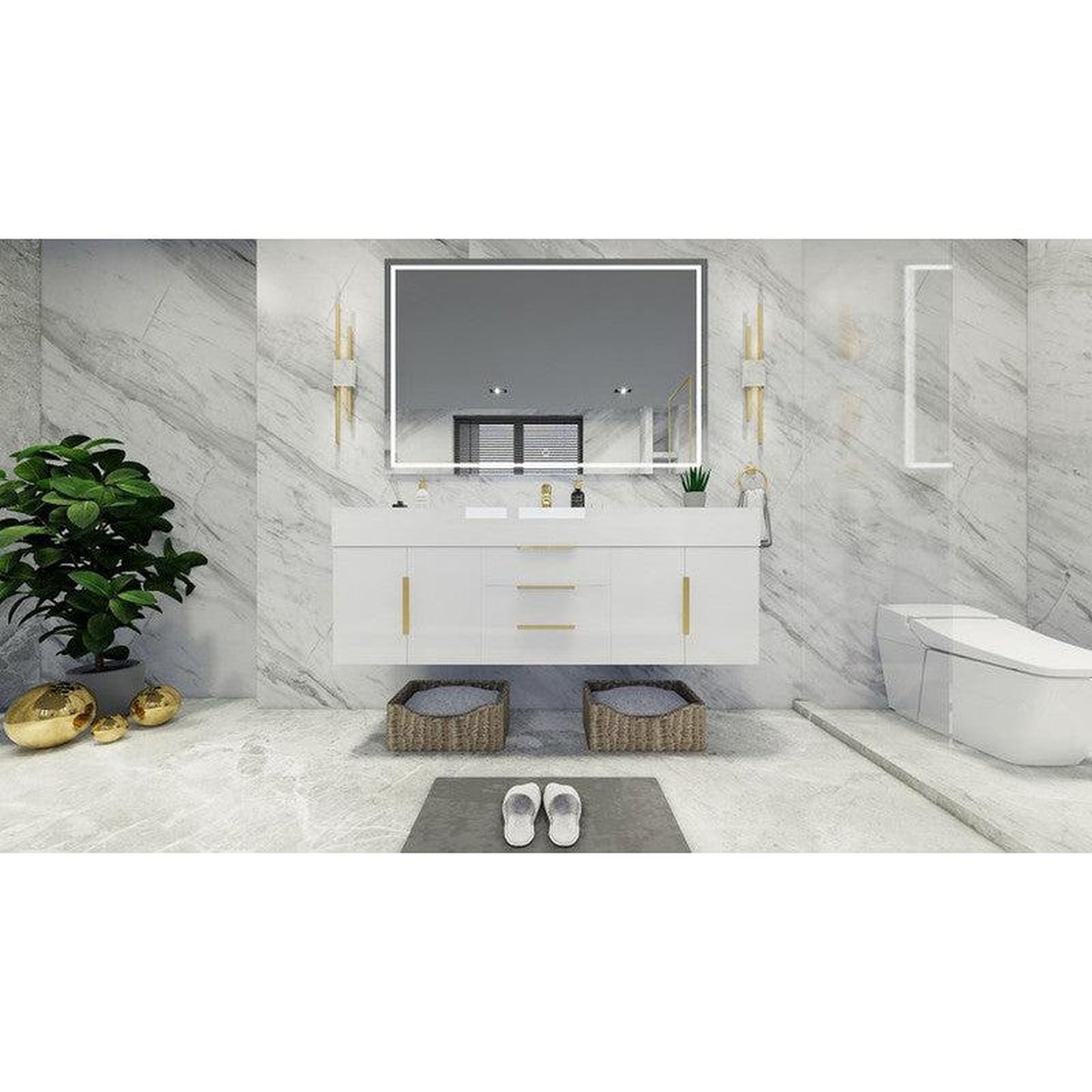 Moreno Bath Bethany 60" High Gloss White Wall-Mounted Vanity With Single Reinforced White Acrylic Sink