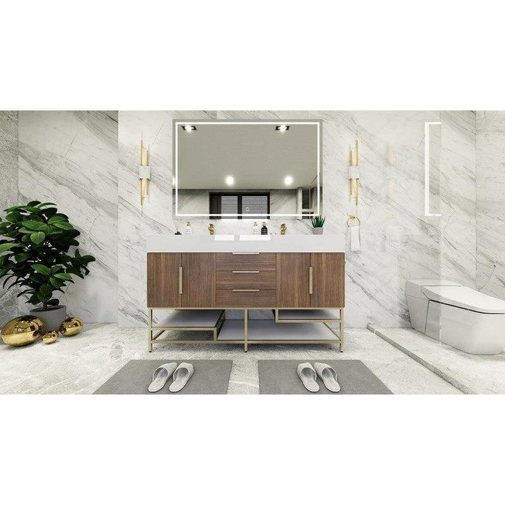 Moreno Bath Bethany 60" Rosewood Freestanding Vanity With Double Reinforced White Acrylic Sinks