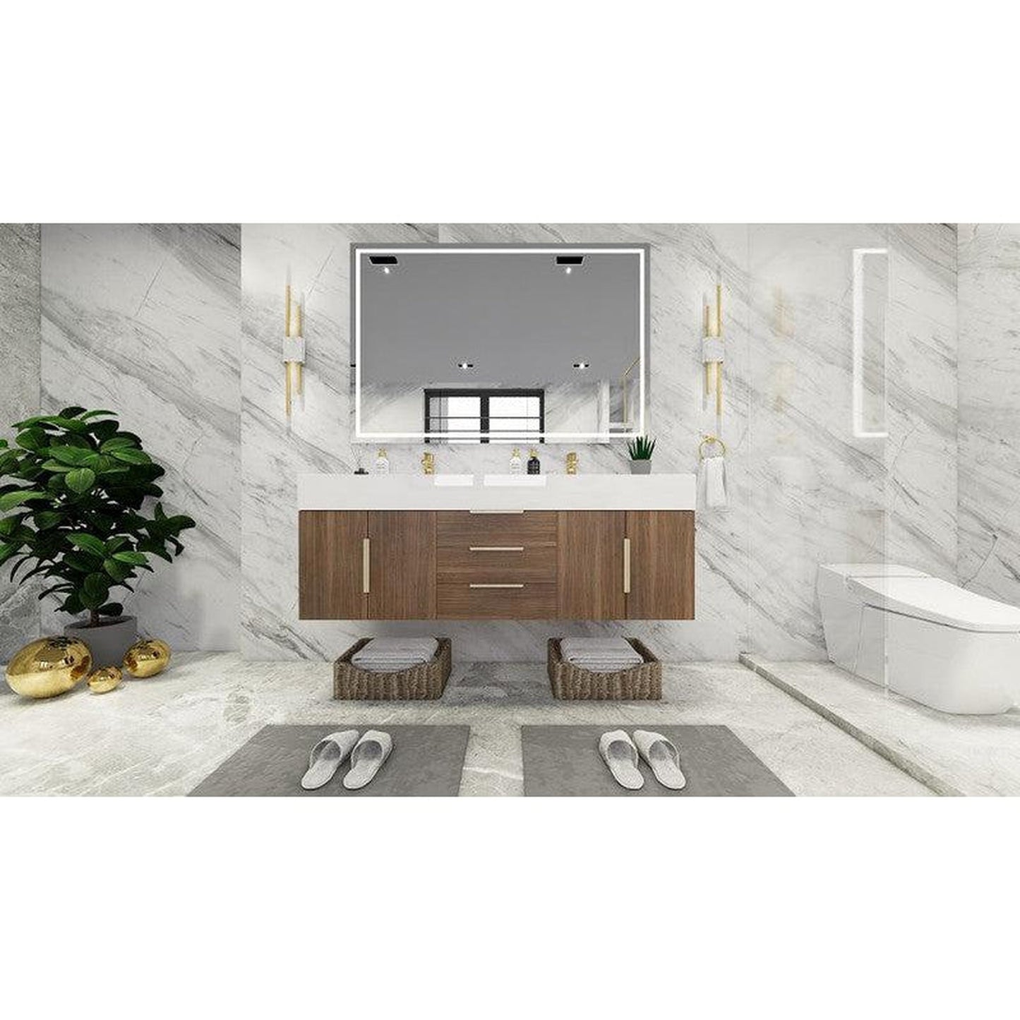 Moreno Bath Bethany 60" Rosewood Wall-Mounted Vanity With Double Reinforced White Acrylic Sinks