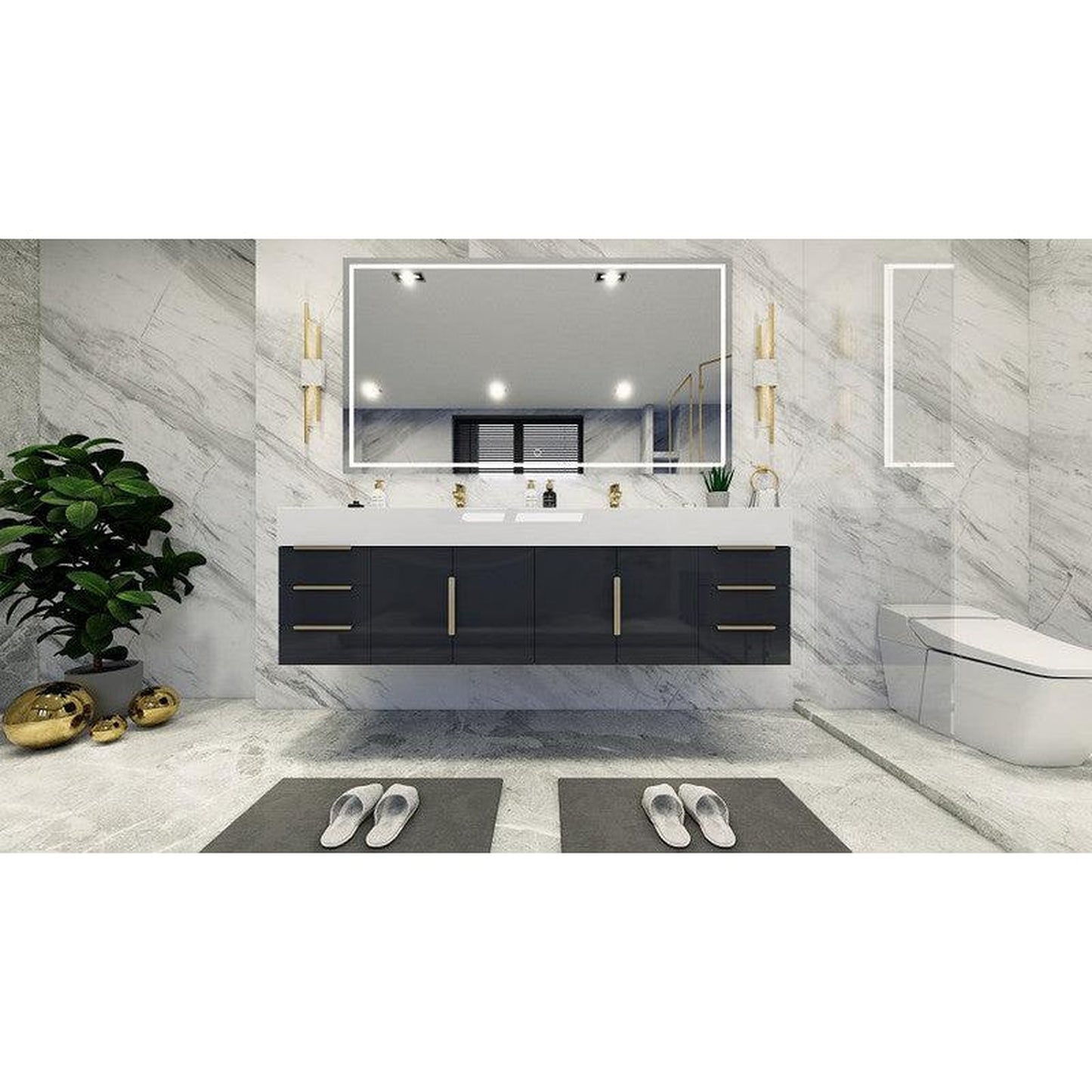 Moreno Bath Bethany 72" High Gloss Gray Wall-Mounted Vanity With Double Reinforced White Acrylic Sinks