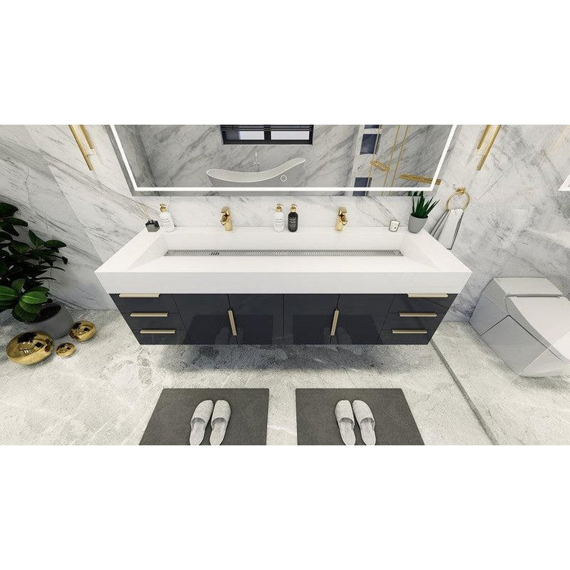 Moreno Bath Bethany 72" High Gloss Gray Wall-Mounted Vanity With Double Reinforced White Acrylic Sinks