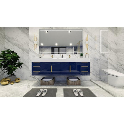 Moreno Bath Bethany 72" High Gloss Night Blue Wall-Mounted Vanity With Double Reinforced White Acrylic Sinks