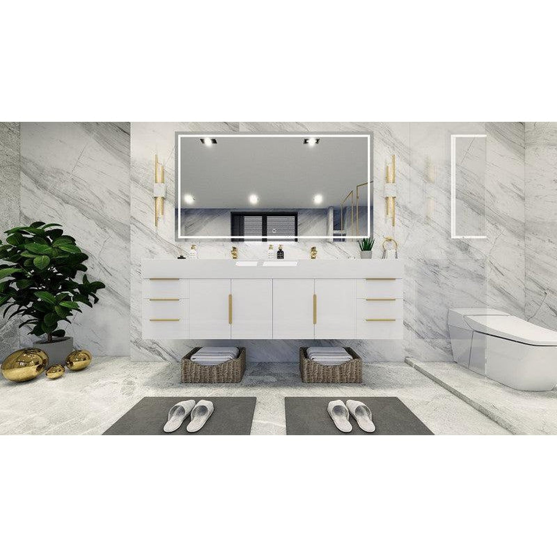 Moreno Bath Bethany 72" High Gloss White Wall-Mounted Vanity With Double Reinforced White Acrylic Sinks