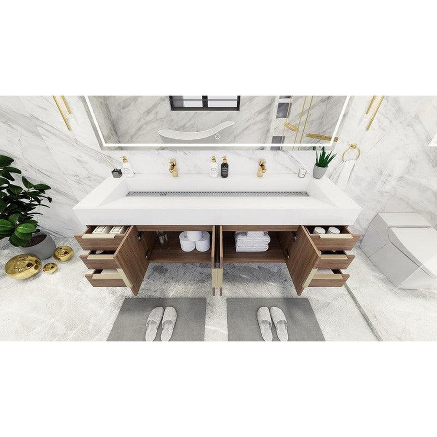 Moreno Bath Bethany 72" Rosewood Wall-Mounted Vanity With Double Reinforced White Acrylic Sinks