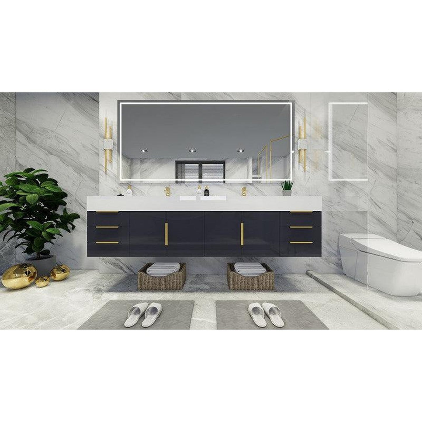 Moreno Bath Bethany 84" High Gloss Gray Wall-Mounted Vanity With Double Reinforced White Acrylic Sinks
