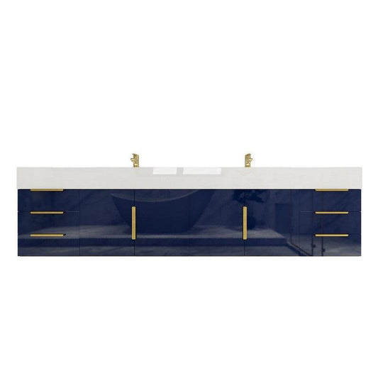 Moreno Bath Bethany 84" High Gloss Night Blue Wall-Mounted Vanity With Double Reinforced White Acrylic Sinks