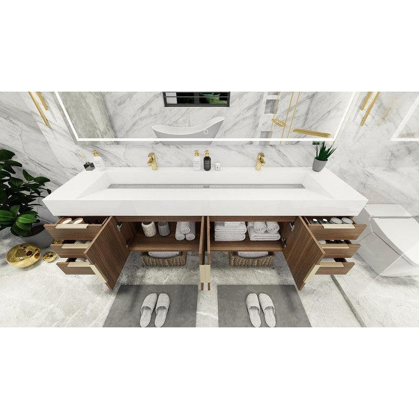 Moreno Bath Bethany 84" Rosewood Wall-Mounted Vanity With Double Reinforced White Acrylic Sinks